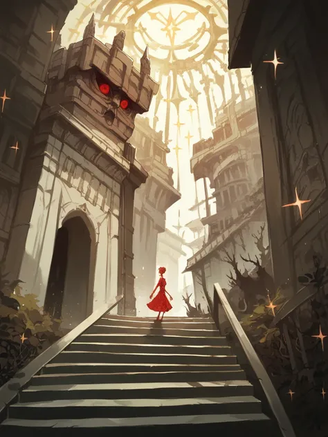 score_9, score_8_up, score_7_up, score_6_up, score_5_up,   kuri, surreal, red eyes, skirt, single hair bun, dress, stairs, architecture, sparkle, 1girl,