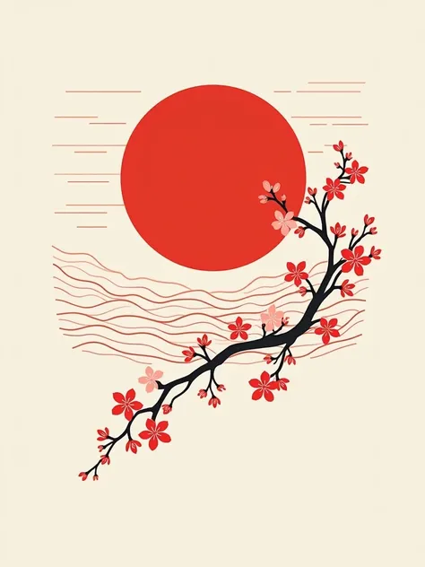 A minimalist Japanese-style design for a t-shirt, featuring a traditional red sun (hinomaru) with delicate cherry blossoms (sakura) cascading from one side. The sun is centered, and the cherry blossoms are stylized with a modern touch, blending with subtle...