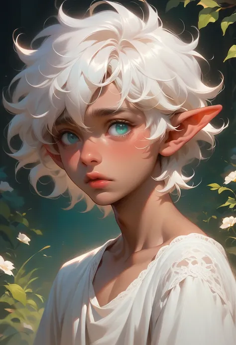 pretty boy, shy, straight hair, lightly tanned, shoulder-length hair, white hair, light aqua eyes, fantasy clothing, elf ears, plump lips, fantasy background, portrait