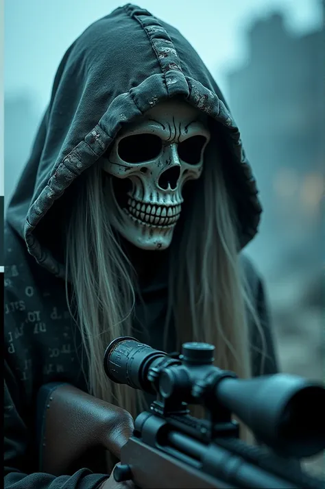 A dark, post-apocalyptic scene featuring a close-up of a mysterious figure wearing a cracked, skull-like mask with intricate patterns. The figure has long, silver hair flowing out from beneath a tattered hood that partially obscures their face. The hood is...