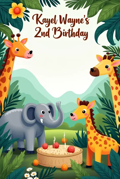 Make me a name art "Kayel Waynes 2nd birthday" with safari theme with the animals on the side colorful make the text smaller bring the text upper