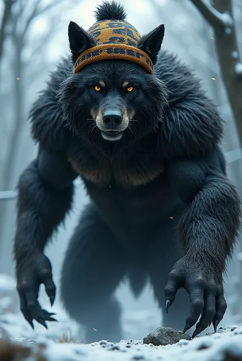 lobo, hairy with black eyes wearing helluva boss winter cap 