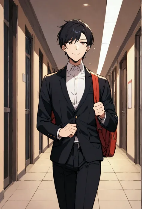 A student confidently walking through a school hallway, wearing smart casual attire and a backpack over one shoulder. The student smiles, exuding charisma, as classmates glance admiringly, showcasing their popularity.