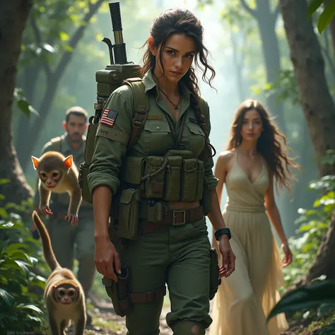 A wild female soldier, a  monkey and a beautiful girl