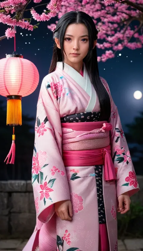 A highly detailed, hyper-realistic, ultra-detailed portrait of Kamado Nezuko from Kimetsu no Yaiba, with long black hair, expressive pink eyes, pink flowers, fireflies, lanterns, a pink moon, wearing a beautiful pink kimono with a black haori, standing alo...