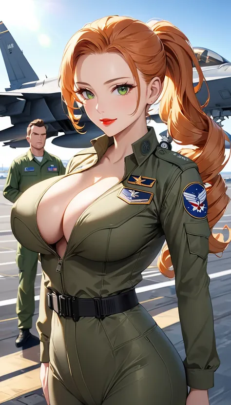 独奏, cowboy shot, One woman, (Highest quality,4K,8k,High resolution,masterpiece:1.2), Anime Style、Very detailed, (((3 mature woman))), Best Bust、Large Breasts, Cleavage、Beautiful Eyes、Orange Hair、green eyes、Red lips, ((ponytail)), (Drill Hair), ((forehead))...