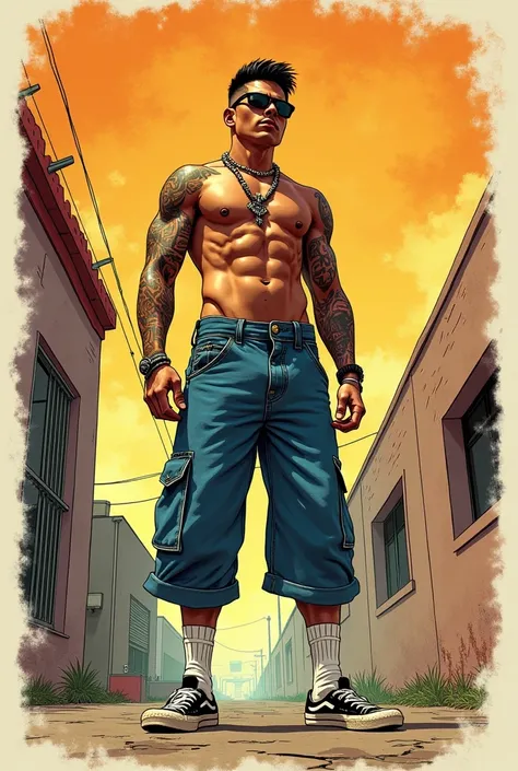 Cholo attire, mexican gang, 1guy,((( baggy jeans short ))), white socks, No tattoos, American Superhero Comic-style