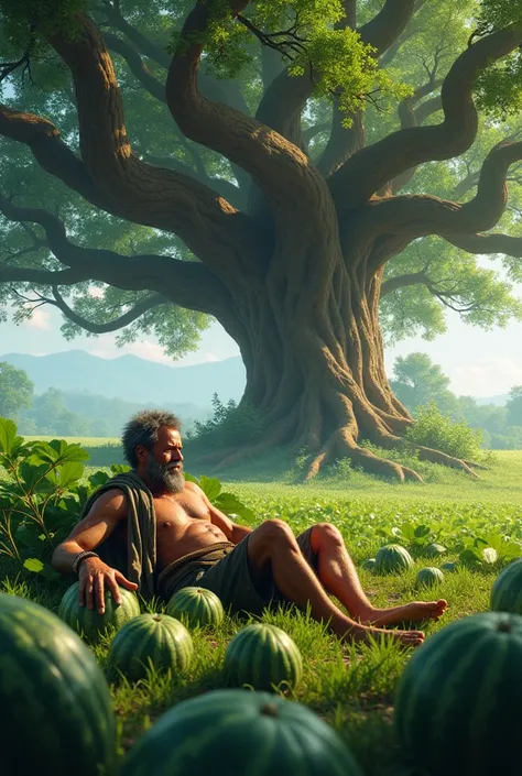 A man lies under a banyan tree guarding a watermelon field