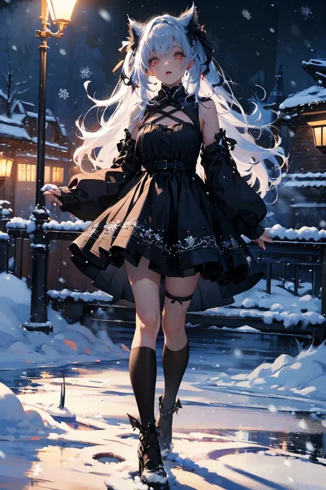 uhd, textured skin, good quality, High details, ​masterpiece, best quality, high detail face, (Amazingly absurd:1.2), (​masterpiece:1.2), fluffy, 1 Girl, Dragon ears, Dress with ruffles, glowing eyes, shining hair , Whole body love, very long hair, hair ri...