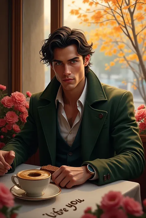 (Masterpiece, hiquality, absurdress), 1male, dark hair, Wavy Hair, The eyes are green, a perfect face, sports body, solo,  Male body, male focus, Detailed eyes and face,  Cozy café, lots of flowers, a table, Drinking coffee, Eat Cake, sitting at a table in...