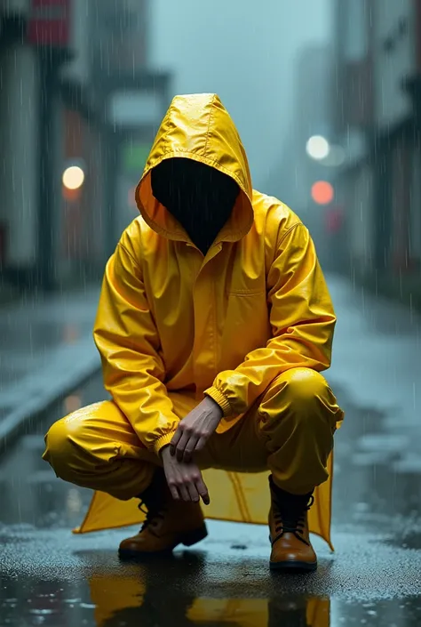 ，Please wear a yellow hooded raincoat，Full body POV，Half kneeling position，Boots、Standing in the heavy rain，Emphasize the texture of a raincoat or gelcoat，Accentuates the translucent texture of the raincoat