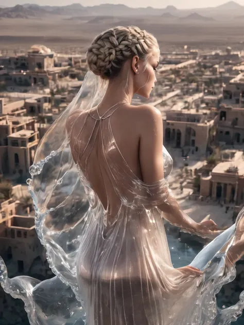 breathtaking beautiful woman wearing (water dress) new vegas arch, crane shot, from above, [whole body],
worried,
braided bun,
a...