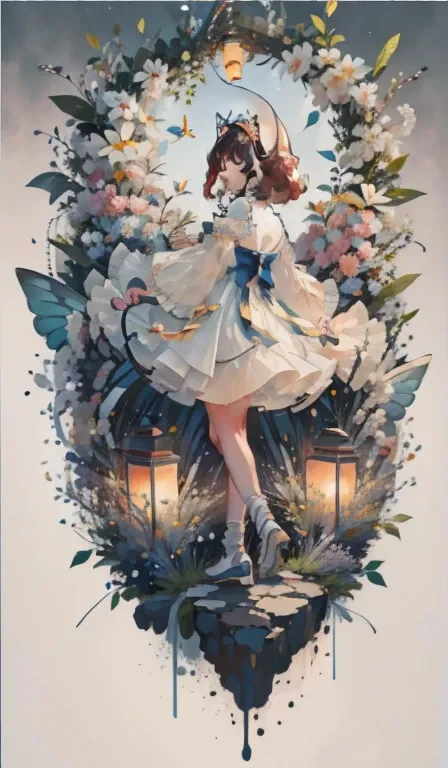 (Extremely delicate beauty: 1.2), 1girl, standing, full body, smile, bangs, blue eyes, backlights,hort,  hair, butterfly, brown hair, shut up, look from the side, lantern, light particles, long sleeves, look at the audience, blue bow, solo