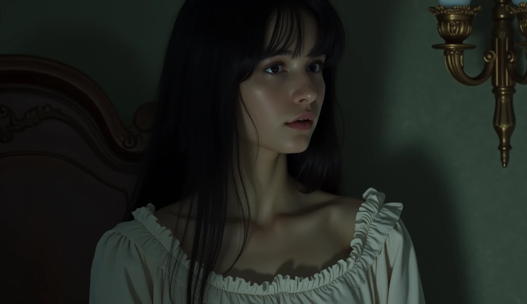 A close-up profile view of a young woman with long, straight black hair is depicted in a dimly lit setting. The womans face is partially obscured by shadow, emphasizing the mysterious atmosphere. She is dressed in a vintage-style white nightgown with frill...