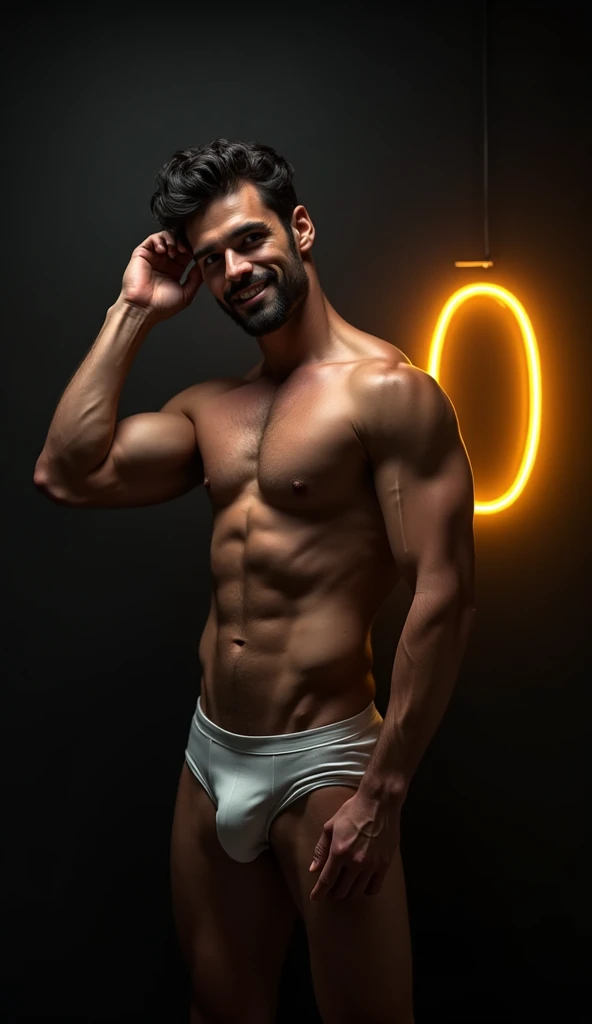 best quality, masterpiece, hyper realistic, extremely detailed, "0" text in yellow neon lights in the background, huge bulge in tiny white string jockstrap, extremely handsome brazilian man, runs one hand through his hair, grinning, stocky build, half body...