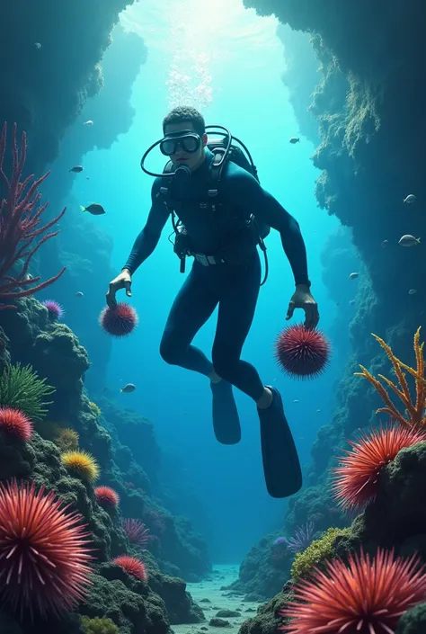 A diver is collecting sea urchins.