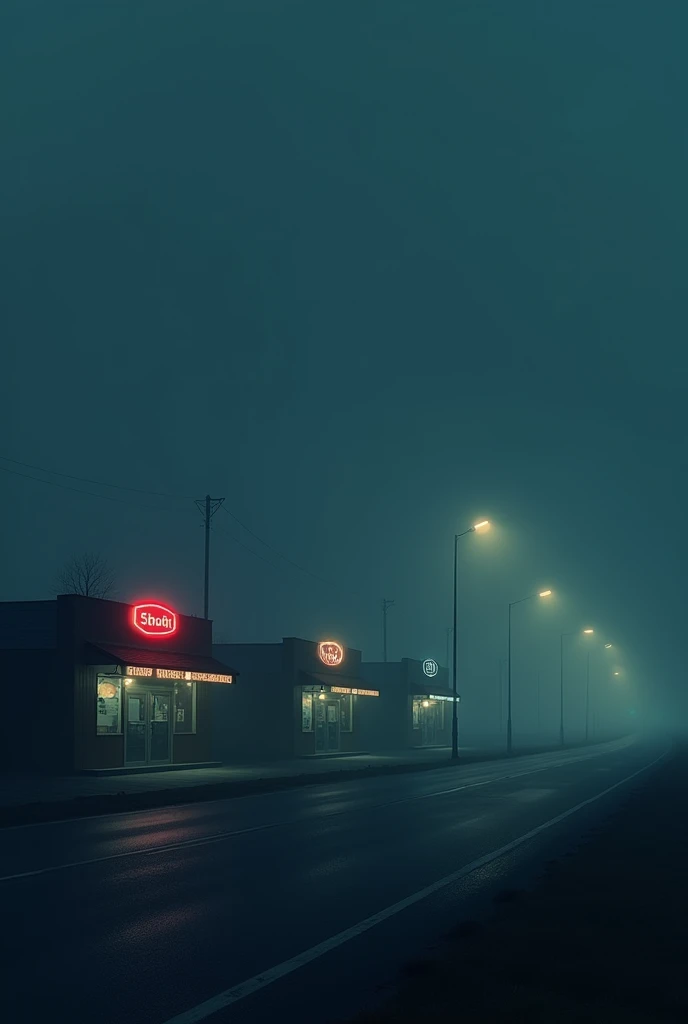 A row of rest stop shops on the side of the highway is quiet and foggy at night