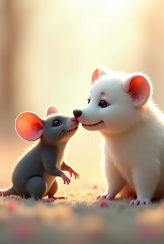 Rat kissing to the white dog 
