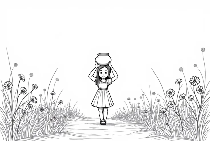 A young girl wearing frock walking down a dirt path lined with vibrant wildflowers, a clay pot balanced gracefully on her head, high quality image, black and white line art image, smile on the girls’ face, flowers in the background
