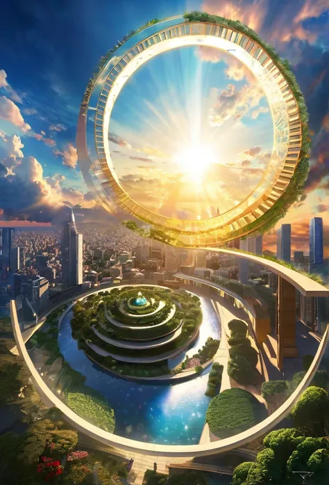 空に向かって上昇するgod秘的な都市（Spiral）、Digital Art, The clouds clear and the shining sun appears, Ascension Day，Golden Sun、Empty City、god々Utopian、There is one relic。空中に浮かぶgod々Our Sky Garden、Angel Ladder、Future City、