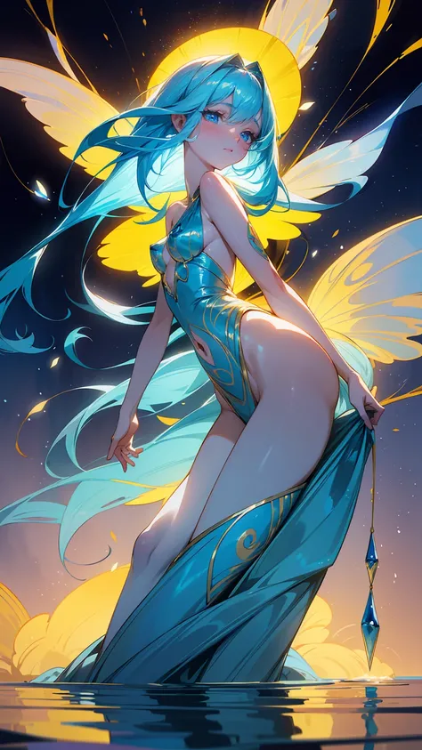 Create an image of a stunning water nymph with vibrant, flowing blue hair adorned with delicate flowers. She has captivating blue eyes and soft, ethereal features that radiate beauty and mystique. Her outfit is an intricate blend of shimmering gold and dee...