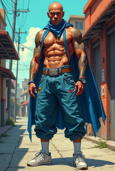 Cholo attire, mexican gang, 1guy,((( baggy jeans short ))), white socks, sneakers, blue bandana, bald head, American Superhero Comic-style