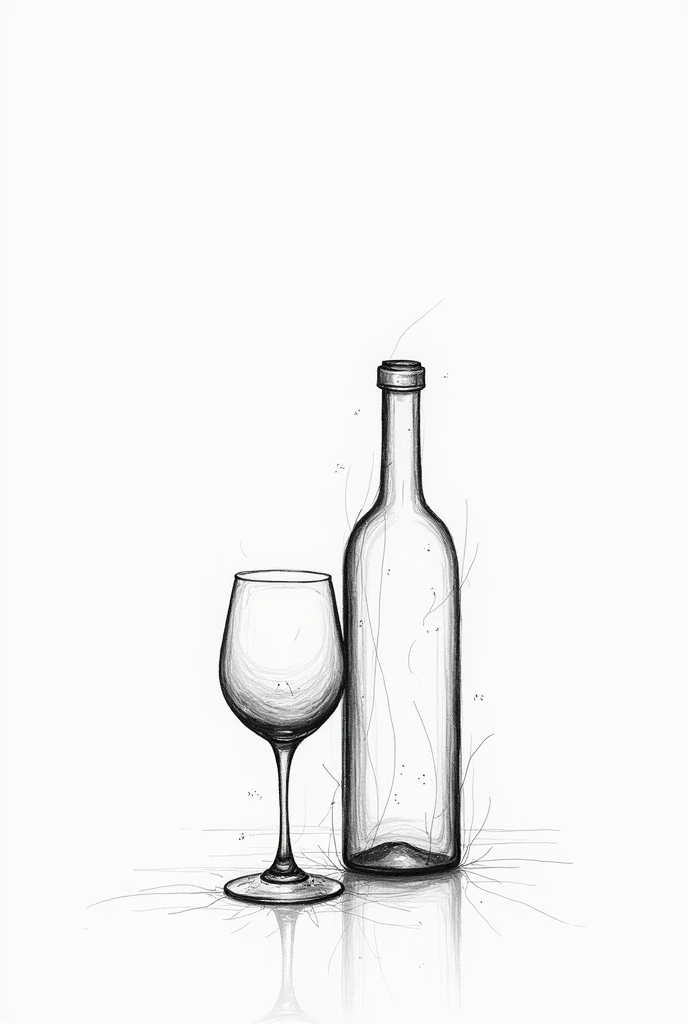 wine bottle and glass fading together, black and white line drawing