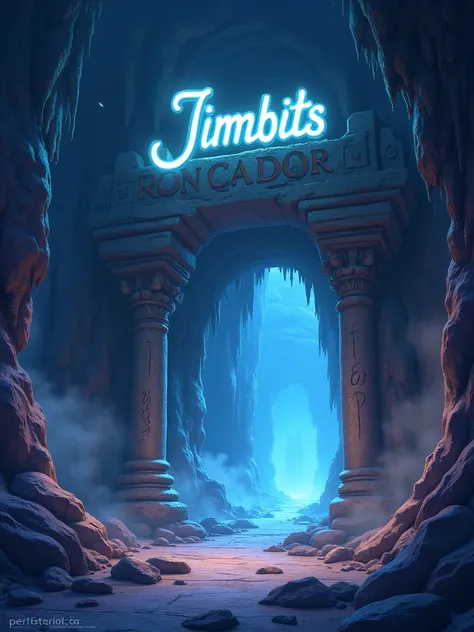 **Prompt:** *Create a mystical cave scene labeled "Roncador" at the entrance. The cave is large and mysterious, with towering stalactites and stalagmites illuminated by an ethereal glow. The word "Jimbits" is carved into the rock above the entrance in anci...