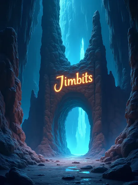 **Prompt:** *Create a mystical cave scene labeled "Roncador" at the entrance. The cave is large and mysterious, with towering stalactites and stalagmites illuminated by an ethereal glow. The word "Jimbits" is carved into the rock above the entrance in anci...