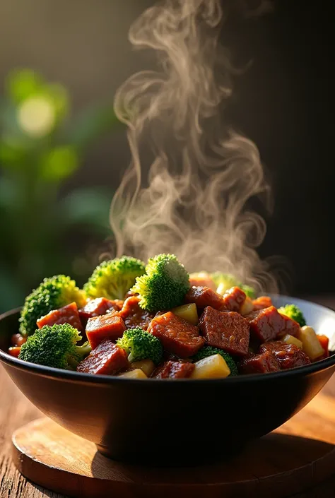 a slow cooked honey garlic beef with broccoli,hot steamy bowl of beef and broccoli,juicy tender beef,fresh broccoli florets,delicious savory sauce,warm comforting meal,mouth-watering food photography,professional culinary shot,highly detailed food texture,...