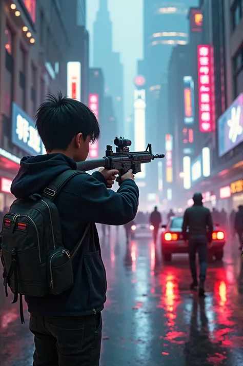 The boy shooting the man and police catching up in cyberpunk city