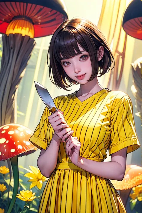 Red eyes, girl, Holding a knife, A yellow-green striped shirt with thick stripes, Red eyesが赤く光る, Tilt your head, Short brown hair、mushroom head, With a bright smile on his face, Character, Second Dimension, Golden flowers with a line of light overhead々stan...