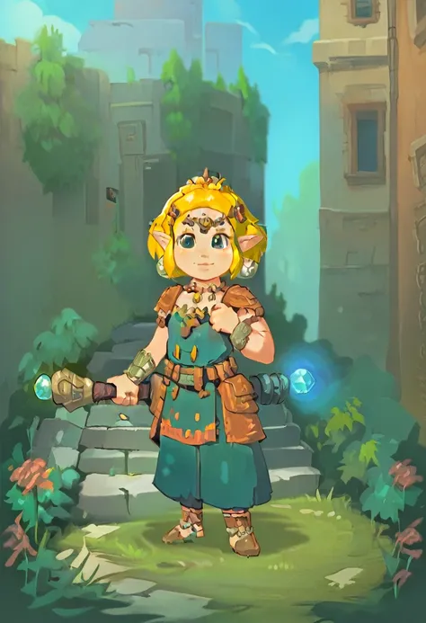 cute chibi style 1girl like totkzelda in zonai dress, score_9, score_8_up, score_7_up, short hair,flat chest, gl3b, standing on a stone path surrounded by vibrant flora. She holds a staff with a glowing orb at its tip. a beautifully detailed house perched ...