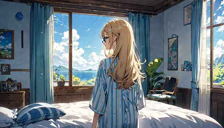 (Blonde and bespectacled woman)、(Listen to background music in a bedroom with a beautiful view of the blue sky)、(Extremely detailed、masterpiece、Highest quality、bright)、(Anime Style)
background：A gentle breeze rustles the curtains in this room：Calm eyes clo...