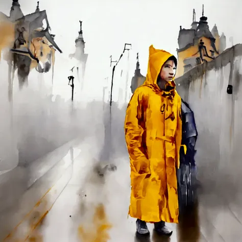 ，please wear a yellow hooded raincoat，full body pov，standing in the heavy rain，emphasize the texture of a raincoat or gelcoat，ac...