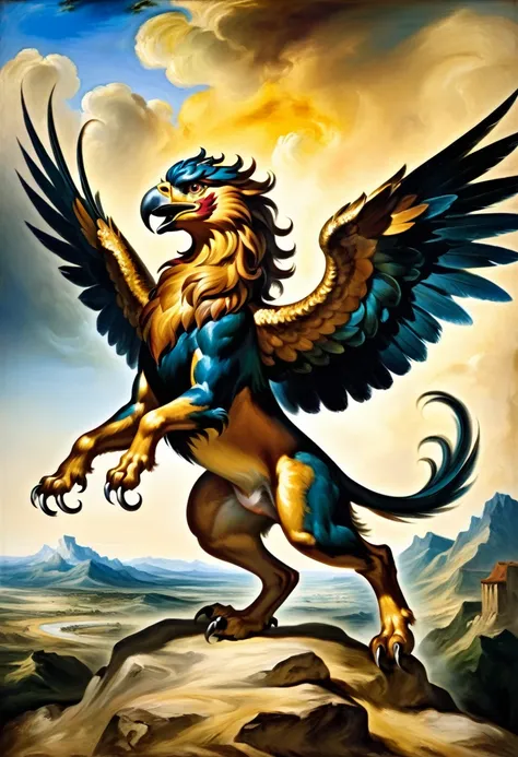 [[(full-length front view: Griffin) ((style Eugene Delacroix))]/[background:amazing Renaissance landscape based on Eugene Delacroix) (masterpiece)], oil painting, extreme detail, intricate, unusual, ((best quality))]