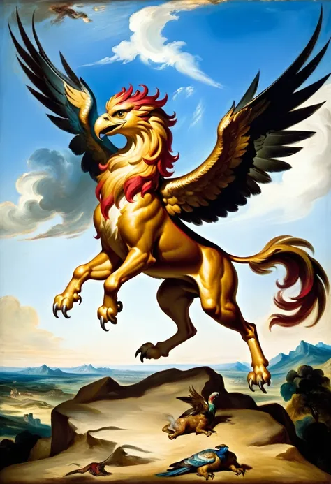 [[(full-length front view: Griffin) ((style Eugene Delacroix))]/[background:amazing Renaissance landscape based on Eugene Delacroix) (masterpiece)], oil painting, extreme detail, intricate, unusual, ((best quality))]