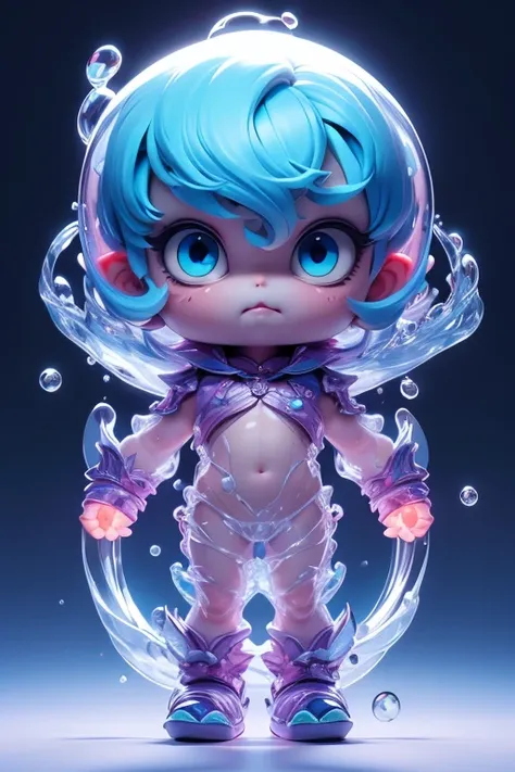 Create a monster image, a small, big-headed, baby monster.. The body is transparent and can be seen through. The image is sharp and detailed., with beautiful colors.. With arms, leg, eyes, mouth, พื้นหลังสีlegว