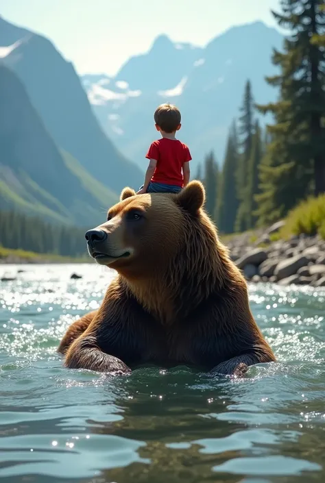 A big brown bear is sitting and bathing in a deep river in the summer wilds, a cute  young boy wearing red t shirt and jeans  seated on his head, very beautiful sparkling water surface, crystal clear water, gravel on the river bottom, beautiful alpine moun...