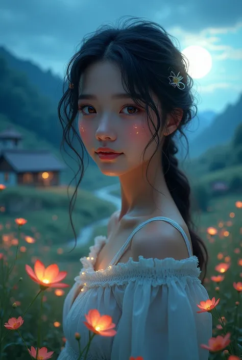 A beautiful girl living in a village area in a valley with lots of flowers in valley.It looks so beautiful smile.And eyes looks many mesmerising for anyone In the light of blue moon