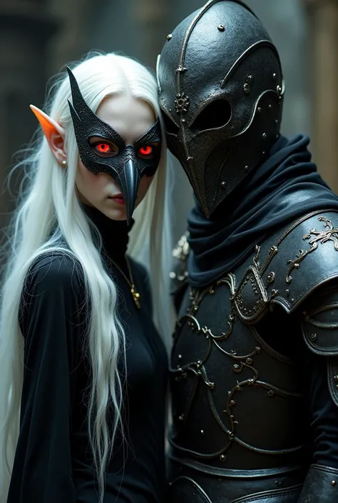 White-haired elf with red eyes in a mask made of a raven skull in medieval dark clothes and a human dark knight, Friends