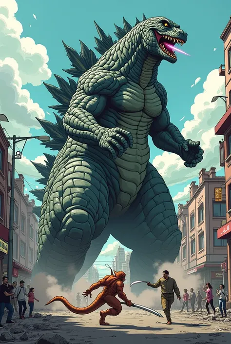 A dynamic battle scene in the streets of the city. Experiment X[anthromorphic muscular cat]slashes at Godzilla’s leg, causing the beast to roar in pain. Debris and dust fly around them as the city suffers further damage.cartoonic 