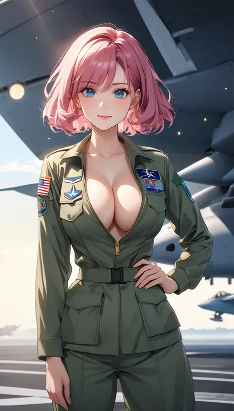 独奏, cowboy shot, hot pink hair, very short hair、a girl、24-years-old、Best Bust、Large Breasts、Cleavage、Beautiful Eyes、Blue Eyes, masterpiece, High resolution、8K quality、Anime Style、Cute face、((Top quality eyes)), Natural smile、Green US Air Force military sui...