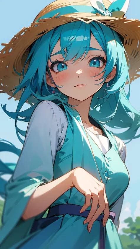 Blue haired anime girl in a straw hat and blue dress, artwork in the style of Gwaiz, Beautiful anime portraits, Gwaiz, Beautiful Anime Girls, beautiful Anime Style, Turquoise hair anime girl, Anime Style. 8k, In the art style of Bouwater, Beautiful digital...