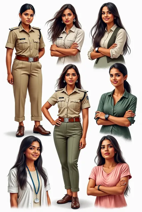 Realistic doodle art of Indian lady police officer,lady army officer,lady doctor,house wife ,office employees 