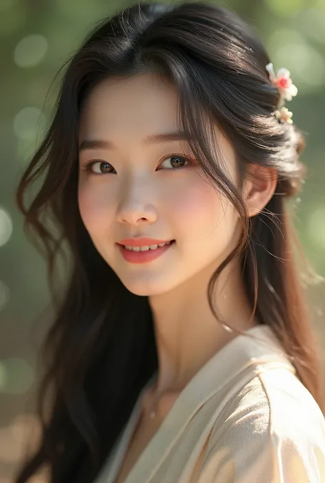 A beautiful Chinese girl of 1. White dress, long hair,A fresh and refined temperament, joyful, and healing smile.natural light, Pierre-Auguste Renoir, close-up of the face, close-up of the head, taken by a digital SLR camera, portrait, high purity color to...