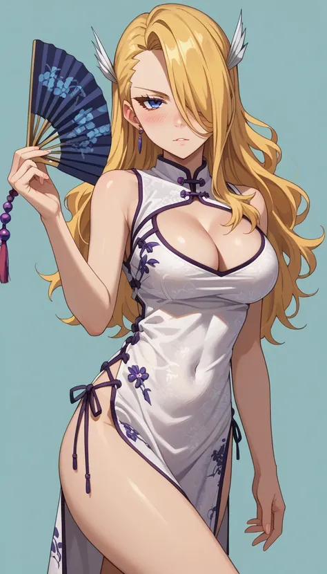 score_9, score_8_up, score_7_up, score_6_up, source_anime, kiriafairytail, 1girl, solo, blonde hair, long hair, breasts, large breasts,hair over one eye,blush,looking at the viewer,sexy china dress, cleavage,hand fan,thighs,,simple background,