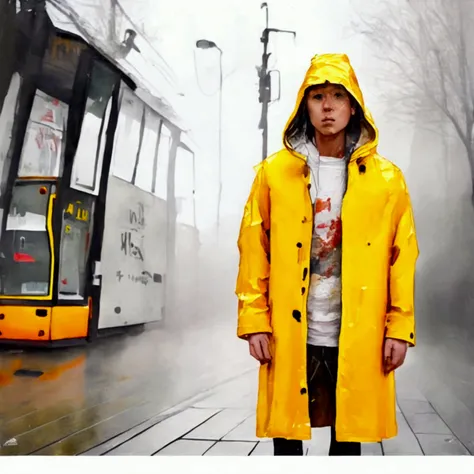 ，please wear a yellow hooded raincoat，full body pov，standing in the heavy rain，emphasize the texture of a raincoat or gelcoat，ac...