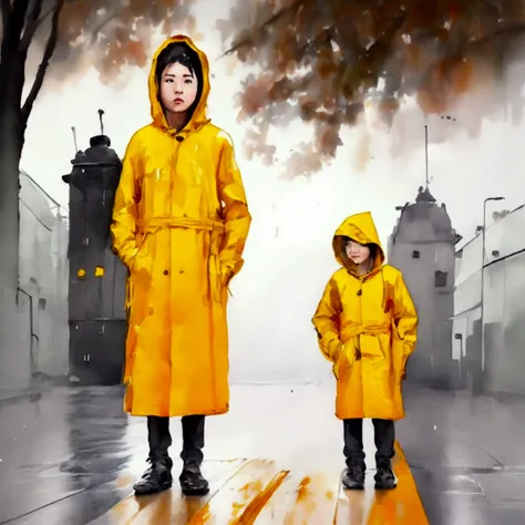 ，Please wear a yellow hooded raincoat，Full body POV，Standing in the heavy rain，Emphasize the texture of a raincoat or gelcoat，Accentuates the translucent texture of the raincoat