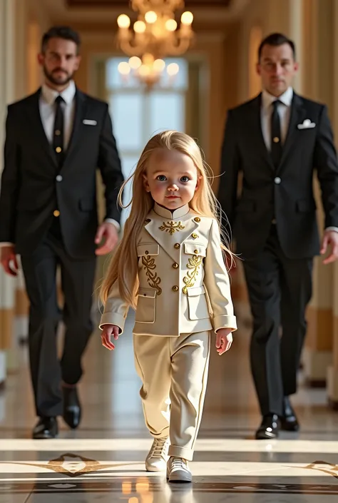 Hyperrealistic full body portrait of a newborn baby girl with long hair walking in a billionaire&#39;s uniform with security guards behind her. Realistic as in real life.